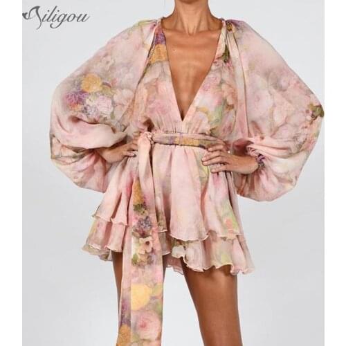 Ailigou Womens Autumn V-neck Chiffon Print Dress Waist Ruffle Dress Feminine Lantern Sleeve Mini Party Dress Vestidos 2021