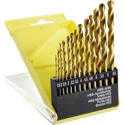 HLZS-13Pc 1.5-6.5mm Round Shank Twist Drill Bit Set Titanium Coated HSS Bit Woodworking Metal Tools