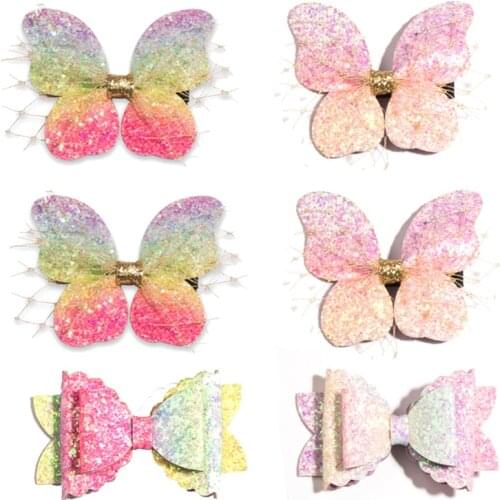 10pcs Adorable Pastel Butterfly Hair Clips Girls Gradient Color Double Layer Glitter Mesh Hair Bows Kids Hairpins Party Headwear