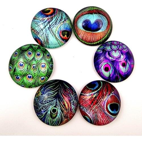 Jiangzimei 10pcs Peacock feather 25mm Round Photo Glass Cabochon for female keychain necklace Making Findings