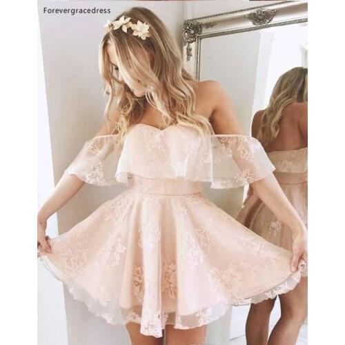 2020 Cheap Short Lace Cocktail Dress A Line Off Shoulder Juniors Sweet 15 Graduation Party Dress Plus Size