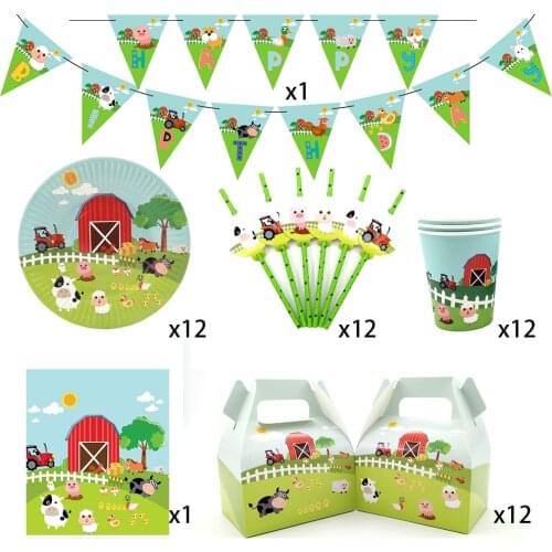 50pcs For 12 Kid Farm Animal Pig Cow Theme Birthday Party Supplies Tableware Set Plate Cup Straw Glass Candy Box Invitation Etc