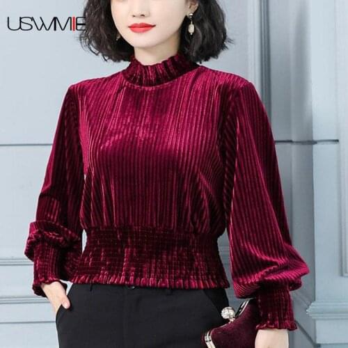 Free Shipping Tee Shirt Femme New Fashion Outwear Pure Color Gold Velvet Half High Collar Lantern Sleeve Comfort Tshirt Women