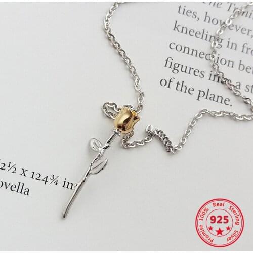 Pure 925 Silver European American New Design Creative Concise Gold Rose Pendant Necklace Fine Jewelry