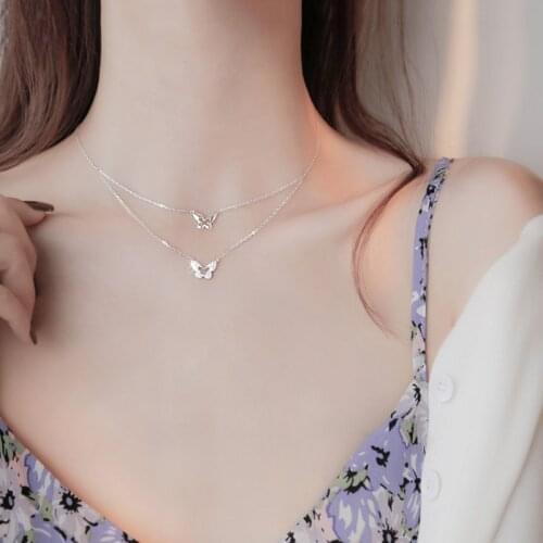 925 Sterling Silver Double Layer Butterfly Necklace for Women CZ Clavicle Chain Necklace Fashion Jewelry S-N234