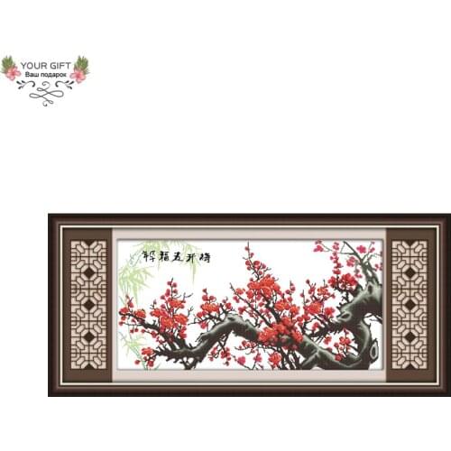 Joy Sunday Chinese Flowers Home Decor H066(2) 14CT 11CT Stamped Counted Plum Flower Blooming With Blessings Cross Stitch Kit