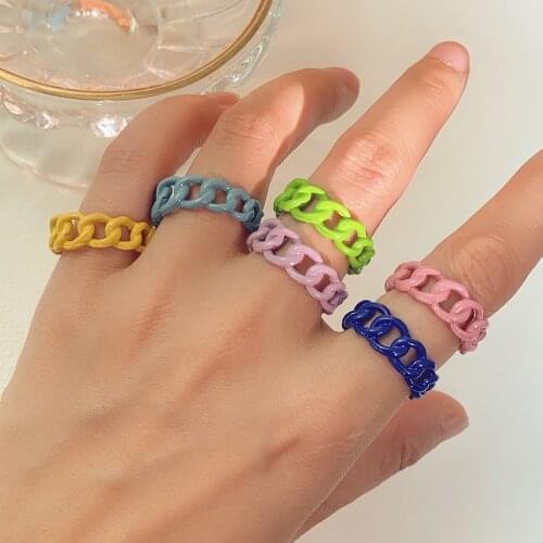2021 Fashion Threaded Chain Metal Spray Paint Candy Color Rings for Women Party Pink Yellow Blue Opening Adjustable Ring Jewelry