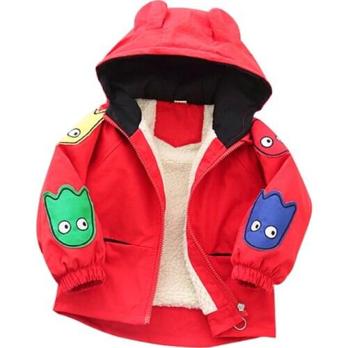 Baby boy clothes baby boy autumn and winter plus velvet padded jacket cartoon printed hooded cotton warm cotton jacket for boys