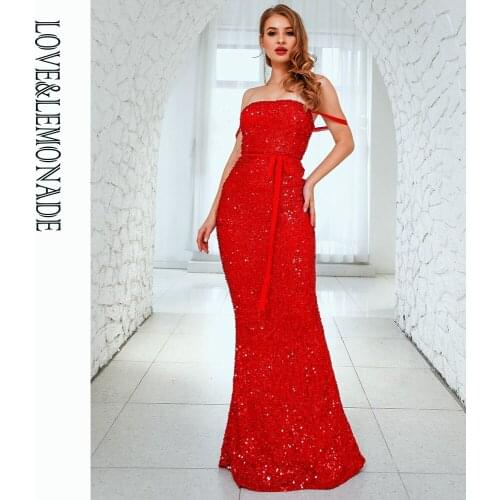 LOVE&LEMONADE Sexy Red Tube Top Open Back Cross Straps Fishtail Shape Sequin Wedding Maxi Dress LM83132
