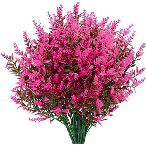 Best 8 Bundles Artificial Lavender Flowers Outdoor Fake Flowers No Fade Faux Plastic Plants Garden Porch Window Box-Rose Red