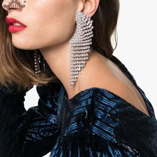 Silver Color Rhinestone Crystal Long Tassel Earrings for Women Bridal Drop Dangling Earrings Brincos Wedding Jewelry