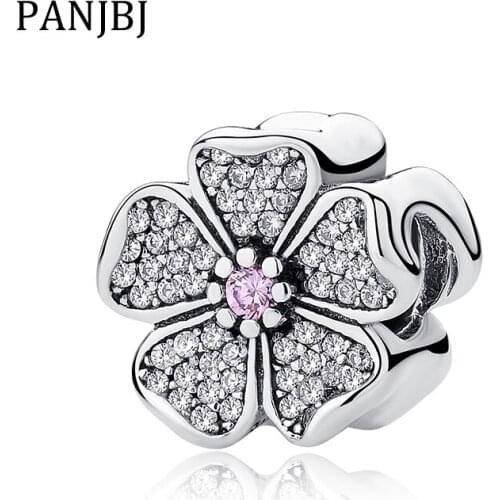 New 100% 925 Sterling Silver Bead Charm Crystal Cherry Flower Blossom Charms Fit Bracelet Necklace DIY Women Jewelry