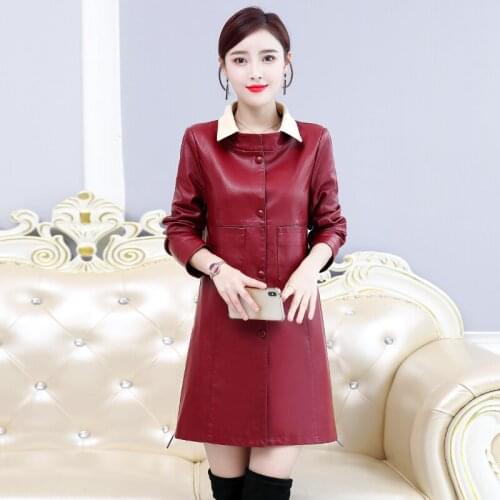 2019 New Women Red Faux Leather Jacket M-5XL Ladies Ventilation Washed PU Leather Trench Coats Female Long Outerwear Large Size