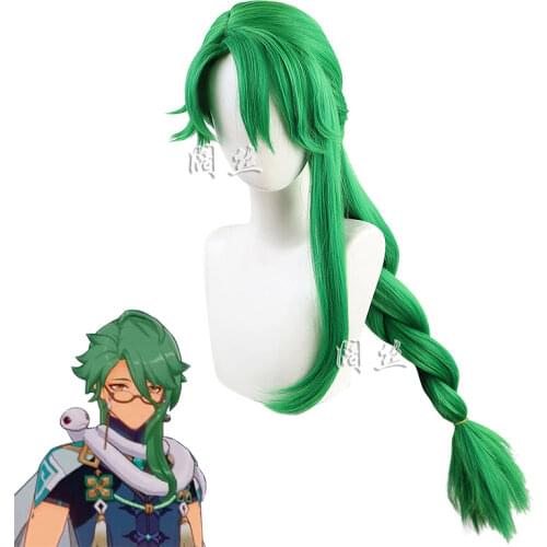 Anime Genshin Impact BaiZhu Cosplay Wig Unisex Long Green Wig Cosplay Anime Cosplay Wigs Heat Resistant Synthetic Wigs Halloween