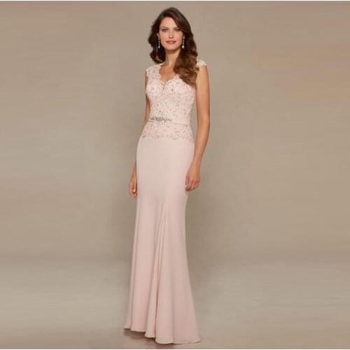 2021 On Sale Amazing Pink Mermaid Lace Cap Sleeve Mother of the Bride Dresses Deep V Neck Wedding Party Gowns Chiffon Beaded