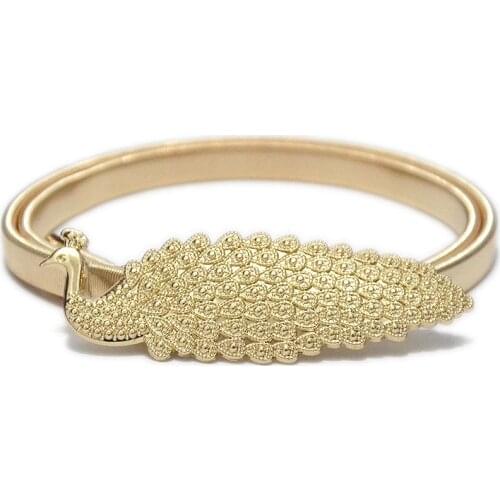 Metal Belts For Women Golden Peacock Luxury Brand Waistband Elastic Belt For Dresses Fashion Narrow Stretch Gold Waist Belt