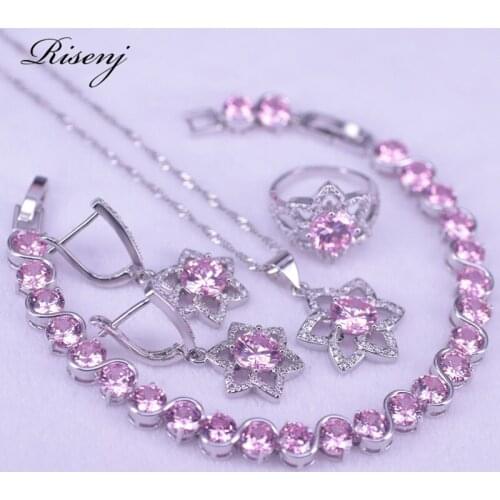 Hexagon Princess Pink Silver Color Jewelry Set For Women Wholesale Big Discount Earrings Ring Necklace Bracelet Set