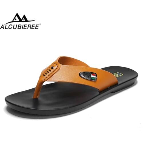 ALCUBIEREE Brand Mens Leather Flip Flops Genuine Leather Slippers Men Casual Beach Shoes Fashion Sandals Summer Breathable Slide