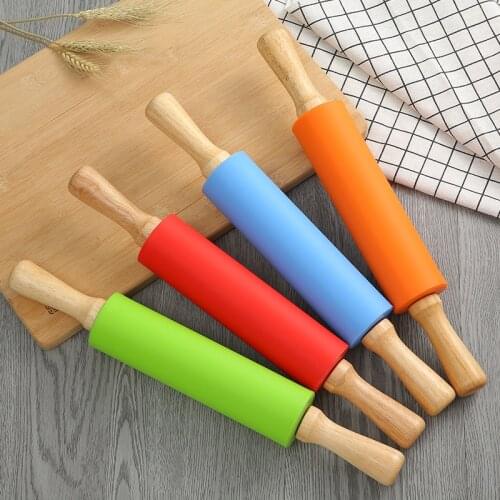 1pcs Non-Stick Silicone Rolling Pin Wooden Handle Pastry Dough Flour Roller Kitchen Cooking Baking Tool For Pasta Cookie Dough