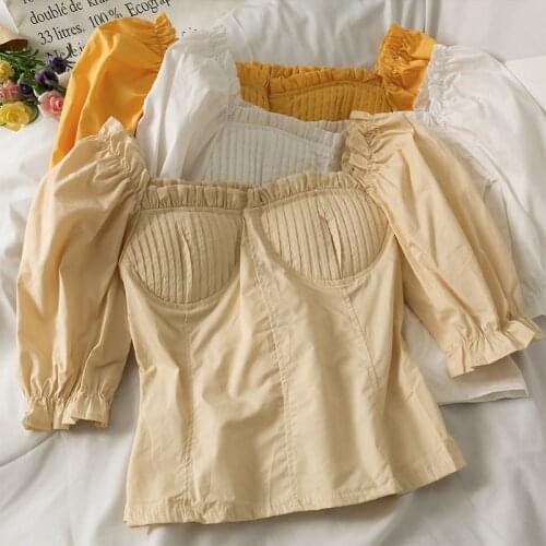 Summer Women Crop Short Blouse Shirts Tops Ladies Slim Elastic Slash Neck Sweet Folds Short Blouses Feminine Pullover Shirt