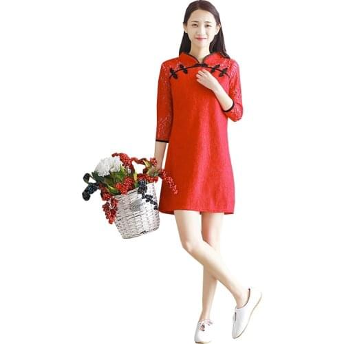 Summer Vintage Ethnic Traditional Chinese Qipao Dress 2017 New Women Dresses Improved Cheongsam Qipao Elegant Lace Dress AB157