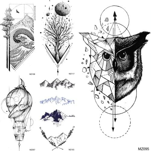 Geometric Owl Temporary Tattoos Waterproof Wave Tree Whale Mountain Tattoos Fake Fashion Body Art Arm Tatoos Sticker For Adult