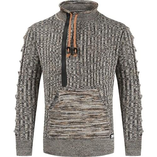 Knitted Sweater Men Fashion Spliced Pullovers Mens Causal O Neck Knitted Pullovers Half-high Neck Drawstring Mens Sweater