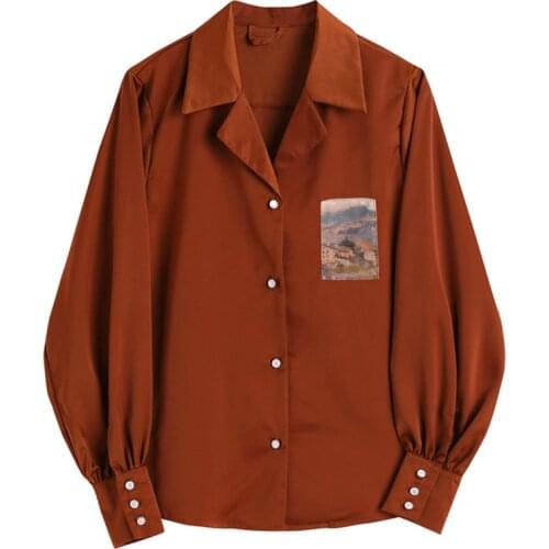 Vintage Solid Lapel Blouses For Women Spring Autumn Long Lantern Sleeve Patchwork Printed Casual Loose Office Ladies Shirts Tops