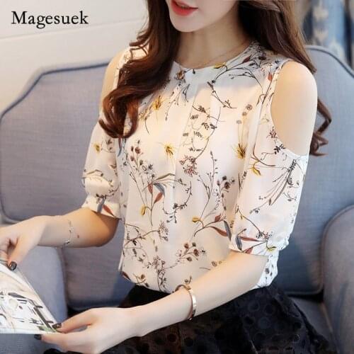 Women Elegant Open Shoulder Blouses 2021 new women tops Blusas Floral Shirts Chiffon Print Women Plus Size Female Tops 825C 30