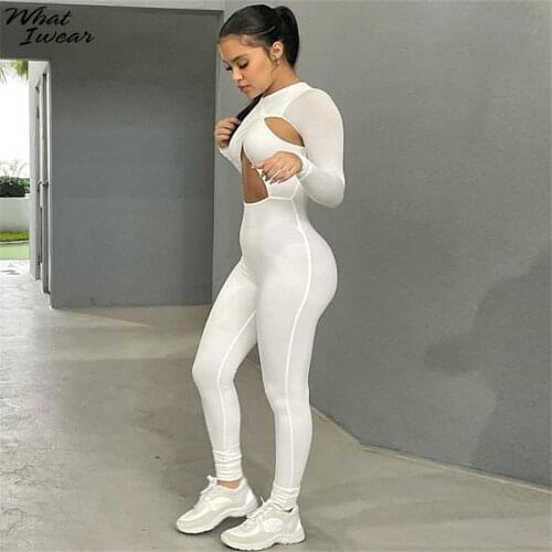 Whatiwear Solid Halter Criss Cross Neck Jumpsuit Women Classic Hollow Cleavage Long Sleeve Body-Shaping Streetwear Rompers