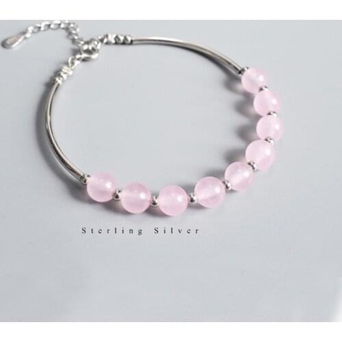 Light Pink Natural Rose Quartz 925 Sterling Silver Strand Bracelets Bangles for Women Female Fine Jewelry Accessories YBR165