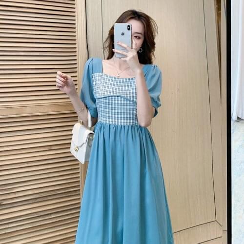 Fashion Runway Summer Short Sleeve Dress 2021 New Womens Plaid Stitching Contrast Color Square Collar Sweet Dress