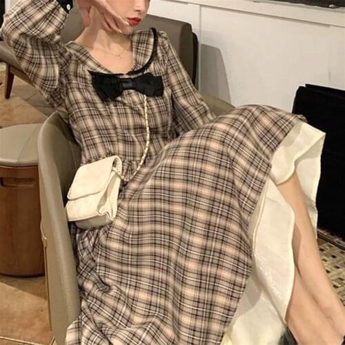Vintage Plaid Dress Women 2021 Spring Long Sleeve Sailor Collar Elegant Sweet Midi Dress Female Party One Piece Dress Korean