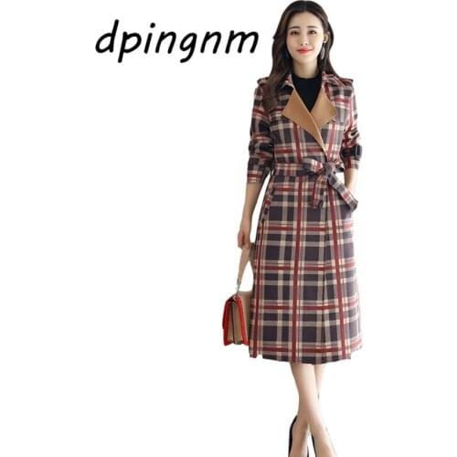 England Style Plaid Woolen Coats for Women Belted Waist Button-up Check Office Lady Wind Coat Wool
