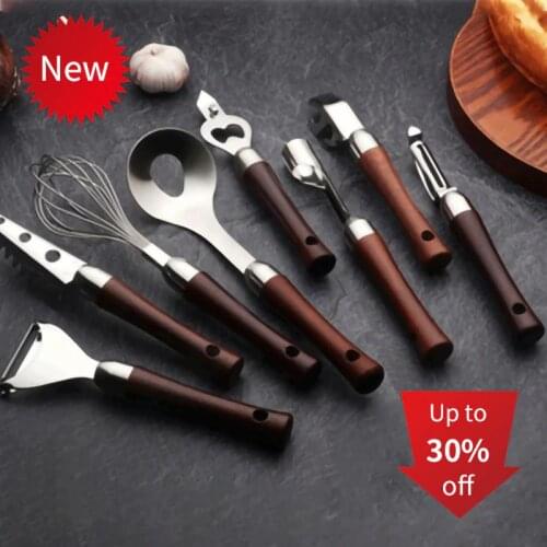 8Pcs Wood Handle Stainless Steel Beer Can Opener Egg Beater Bowl Tongs Fruit gg Beater Bowl Tongs Multi-Purpose Cuisine Utensils