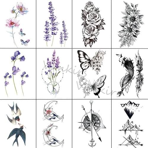 Watercolor Peach Blossom Temporary Tattoos For Adults Kids Realistic Lavender Compass Feather Fake Tattoo Sticker Arm Leg Tatoos