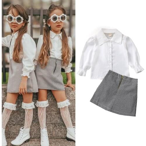 FOCUSNORM 1-5Y 2pcs Toddler Girls Casual Clothes Sets Solid Long Puff Sleeve Single Breasted Shirts Plaid Zipper Skirts