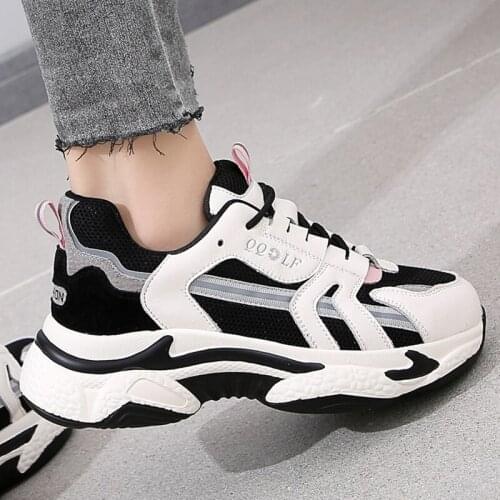 New Cross Tied Genuine Leather Women Casual Sneakers Round Toe Thick Sole Old Dad Shoes Comfortable Lace Up Breathable Footwears