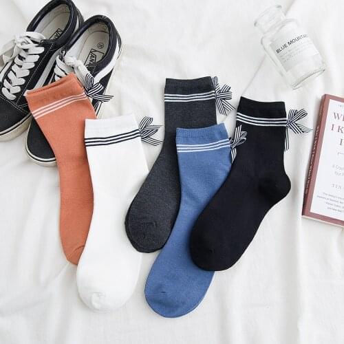 Fashion Women Stripe Middle Tube Socks Cotton with Bow Winter Ladies Cute Socks Male Japanese Korean Style 5 colors 213