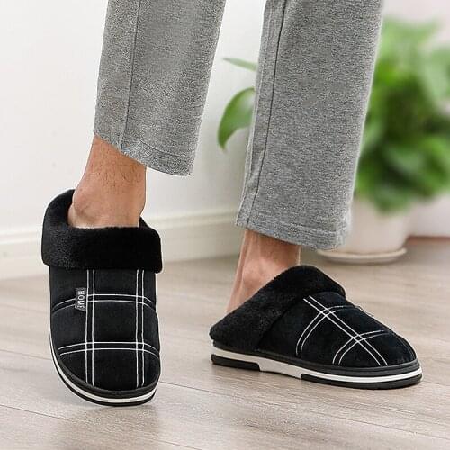 Big Size Men winter Slippers Suede Gingham Plush Velvet Indoor shoes for Men Home Slippers Non slip Waterproof Male shoes 2021