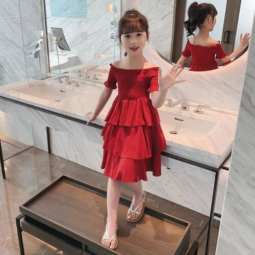 2021 New Summer Red Dress Girl Childrens Clothing Elegant Princess Trend Casual Cake Dresses Birthday 6 To 12 Year Girls Dress