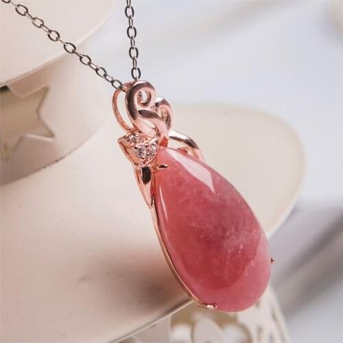 Drop Shipping Women Female Necklaces Suspension Water Drop Bead Pendant Crystal Natural Rhodochrosite Pendant 38*15*6mm