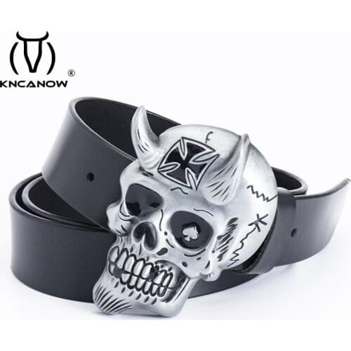 Mens Fashion Belt Retro Cross Little Devil Skull Buckle Cowskin Leather Personality US Western Cowboy Style Trend Belt For Gift