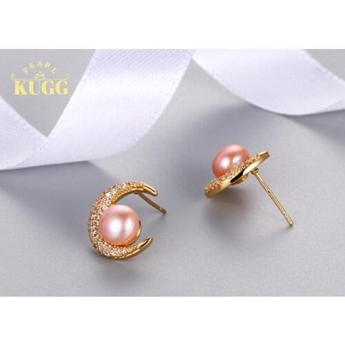 KUGG PEARL 14k Gold Filled Earrings Natural Fresh Water White Pearl Earrings Handmade Jewelry Stud Earrings Classical Geometric