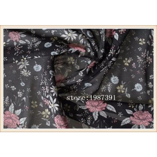 150cm width chiffon fabric flowers pattern black background can see through for skirt suit-dress headband CH-5735