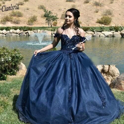 Navy Blue Off The Shoulder Sparkly Tulle Quinceanera Dresses Lace Appliques Beading Crystal Sweet 16 Dress Prom Party Dress