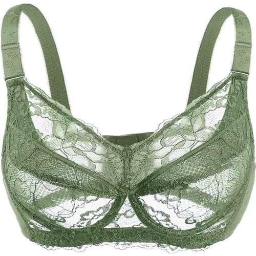 Womens Sheer Lace Underwire bra Unlined Minimizer Bra 50 52 B C D E F G H