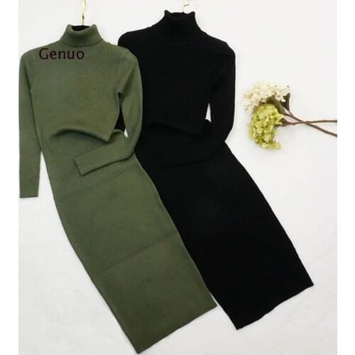 New Autumn Winter Women Knitted Dress Turtleneck Sweater Dresses Lady Slim Bodycon Long Sleeve Bottoming Dress