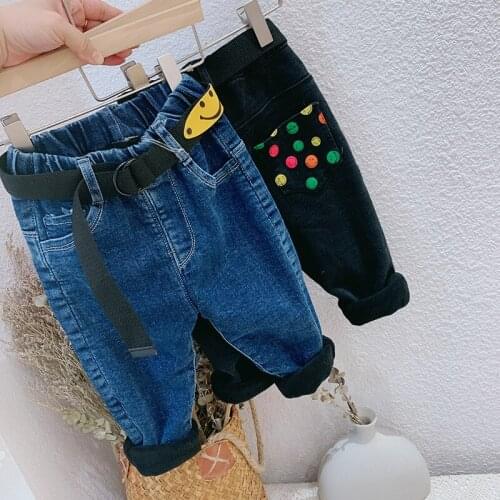 2020 Winter New Baby Boys Thicken Jeans Fashion Korean Cartoon Smiley Straight Denim Pants for Boy Kids Plus Velvet Warm Trouser