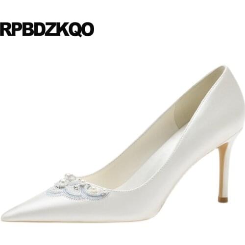 Embroidered High Heels Bridesmaid Handmade White Pearl Folk Girls Stiletto Satin Pointed Toe Ivory Shoes Wedding Pumps Women 8cm